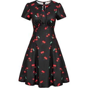 Women Floral Dress 1940s Retro A Line Stretchy Black Midi Dress for School Dance
